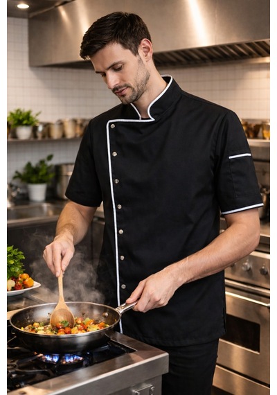 Kısa Kollu Chef Ceketi Profesyonel Aşçı Üniforması, Aşçı Gömleği Aşçı Forması Nakış Hediyeli Siyah