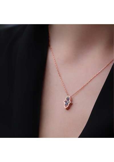 Rosegold Kaplama Çift Taraflı Fatma Ana Eli İçi Zirkon Taşlı 925 Ayar Gümüş Kolye Gümüş