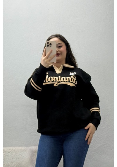 Belendir Kadın 3 İplik Şardonlu Baskılı Polo Yaka Sweatshirt Siyah