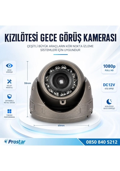 Mikrofonlu Ahd 1080p/analog Cvbs Pal Araç İçi Metal Dome Kamera Rca Sarı Soketli, Ir Gece Görüşlü