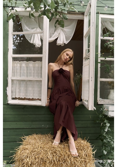 Mai Collection Mai Studios Co. Elisa Gül Detay Bordo Uzun Elbise Bordo