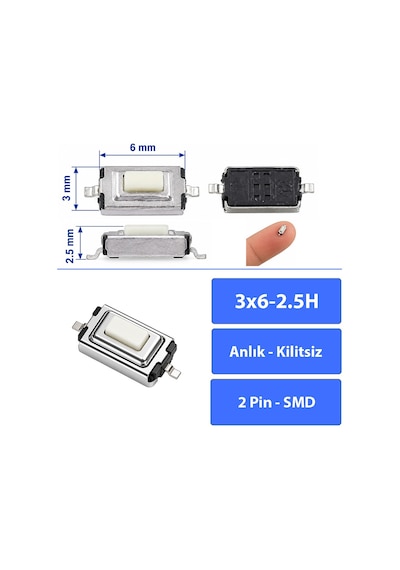 20 Adet 3x6x2.5 Mm Smd Tact Switch 2 Pin Anlık Basmalı Mikro Buton - Beyaz