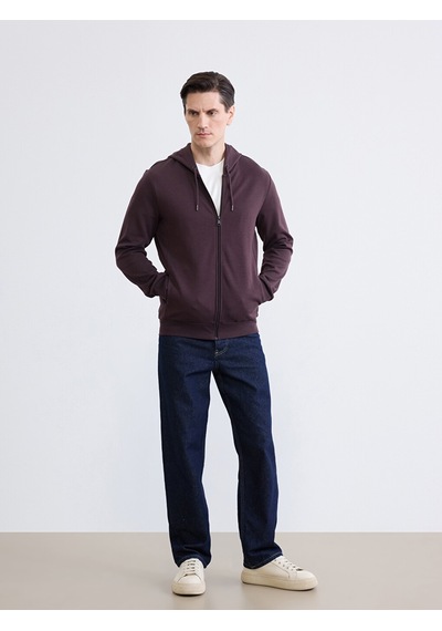 Lcwaıkıkı Basic Mürdüm Kapüşonlu Erkek Fermuarlı Sweatshirt