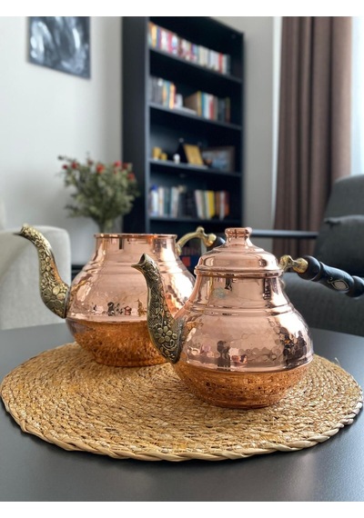 Bakır El Dövme Desenli Çaydanlık Bakır