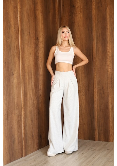 Ozy Fashion Kadın Modal Kumaş Yüksek Bel Pileli Geniş Paça Cepli Eşofman Altı Gri