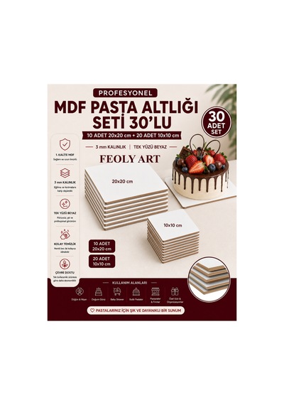 Profesyonel Mdf Pasta Altlığı Seti 30'lu 10 Adet 20x20 Cm + 20 Adet 10x10 Cm 2,7-3 Mm Tek Yüzü Beyaz Beyaz / Kahverengi