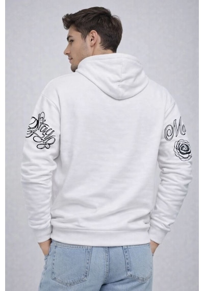 Erkek 3 İplik Pamuklu Kapüşonlu Baskılı Sweatshirt Hoodie - Beyaz