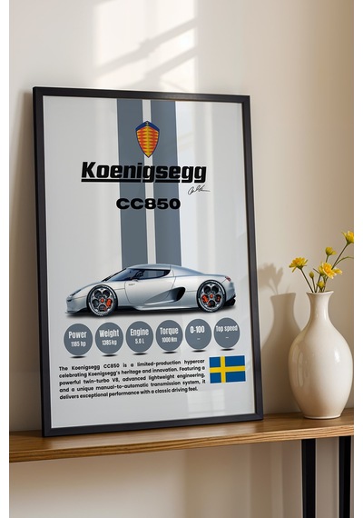 Koenigsegg Cc850 Araba Tablosu - Teknik Özellikli Otomobil Poster - Çerçeveli Duvar Dekoru Siyah