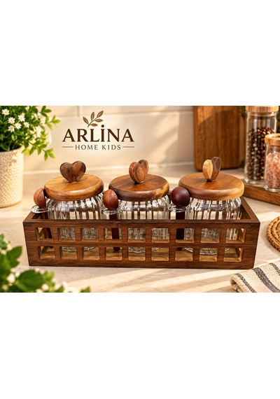 3 Lü 460 Ml Cam Kavanoz & Ahşap Stand Seti Şeffat Cam - Akasya Ahşap Kapak