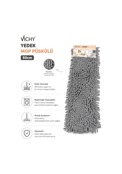 50 Cm Yedek Mop Püskülü Şönil Mikrofiber Makarna Mop Bezi Islak Kuru Kullanım Uyumlu Vıchy-7036
