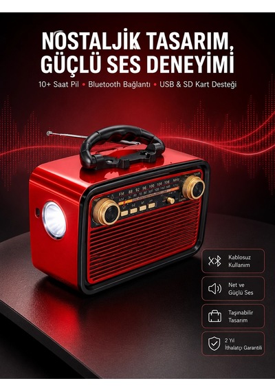 Nostaljik Görünümlü Ahşap Radyo Tf Sd Usb Girişli Led Fener Işıklı - 5000