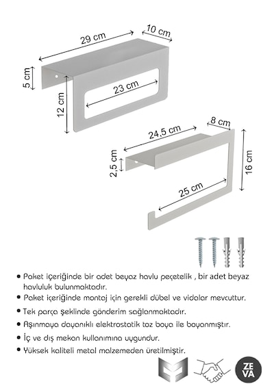 Beyaz Duvara Monte Havluluk & Peçetelik Modern&dayanıklı 2'li Set Beyaz