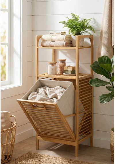 Doğal Bambu Kirli Sepetli 2 Raflı Çok Amaçlı Banyo Düzenleyici Çamaşır Sepeti Organizer Bej