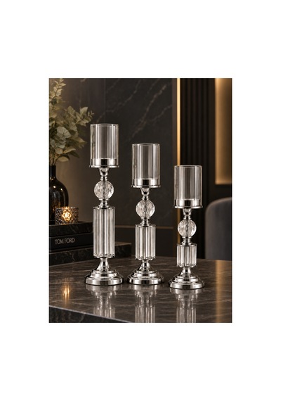Kristal Ve Cam Detaylı Metal Şamdan Krom