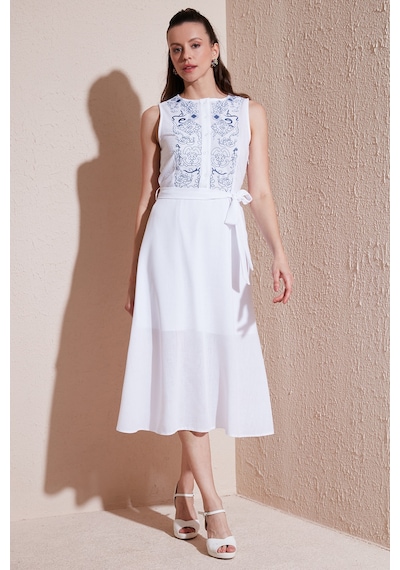 Lela Nakışlı Regular Fit Kolsuz Midi Bayan Elbise 611El00959 Ekru-Indigo