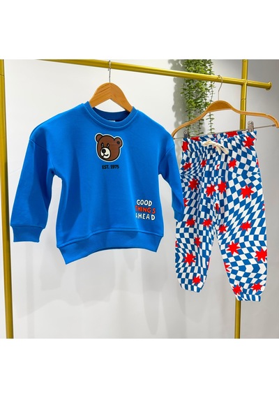 Magu Çocuk Ayıcık Baskılı Mavi Sweatshirt Ve Desenli Eşofman Altı Takımı Çok Renkli Magu Çocuk Ayıcık Baskılı Mavi Sweatshirt Ve Desenli Eşofman Altı Takımı Çok Renkli