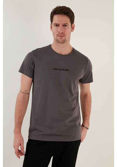Buratti Pamuklu Slim Fit Bisiklet Yaka Erkek T Shirt 541Wind Koyu Gri