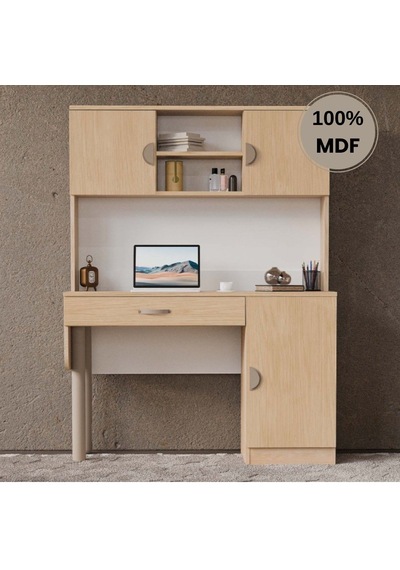 Ladin Mdf Kitaplıklı Dolaplı Çalışma Masası Bej