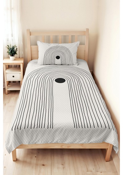 Siyah Geometrik Modern Genç Odası Tek Kişilik Pike Takımı - Minimal 160x220 Cm Kapitone Yatak Örtüsü Kremamsı Kil Kokusu