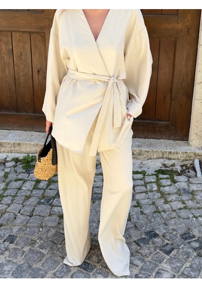 Laluvia Natural Tek Düğmeli Kuşaklı Kimono Takım - 007