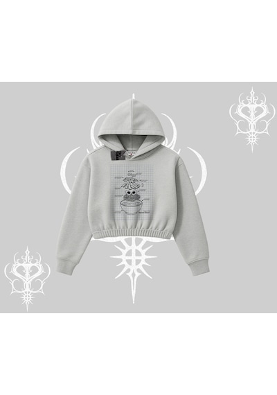 Startmore Kapşonlu Crop Sweatshirt Noodle Theory Hand Drawn Concept Gri