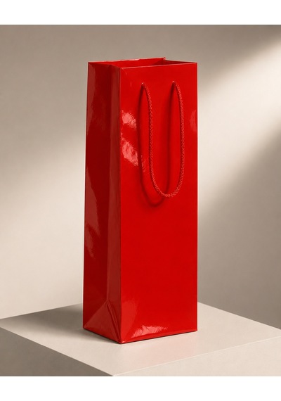Şişelik İpli Kırmızı Karton Poşet, 1 Adet-12x10x38 Cm, Kalın Yapı