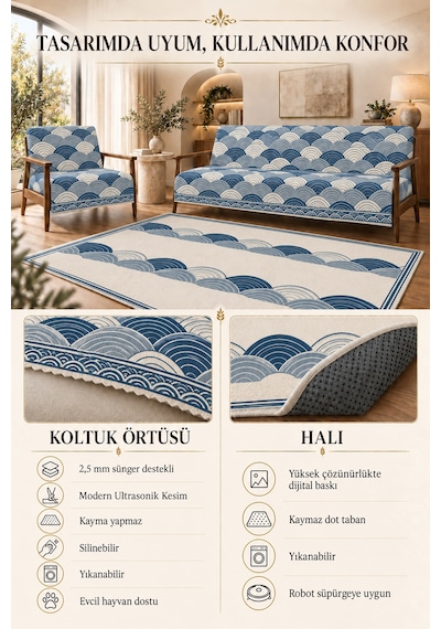 3 Lü Set 2 Adet 165x215 Cm Koltuk Örtüsü + 1 Adet 6m2 180x280 Cm Kaymaz Taban Dijital Baskılı Halı lacivert