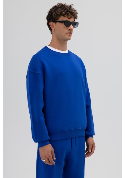 Vamos Basic Bisiklet Yaka Oversize Sweatshirt Saks Mavi