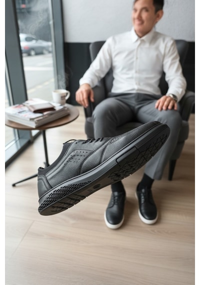 Enoch Hakiki Deri Brogue Detaylı Erkek Sneaker Ayakkabı Ortopedik Taban Siyah