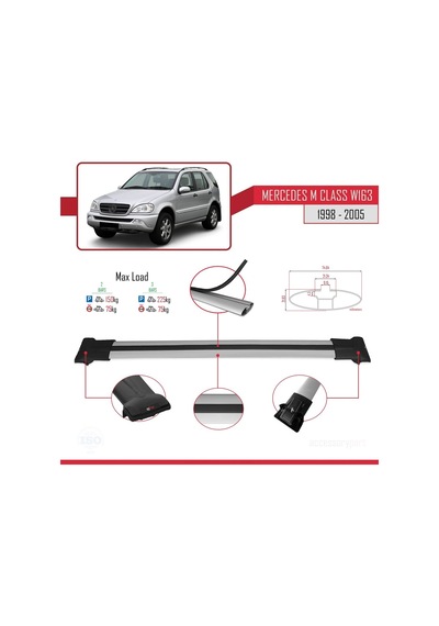Mercedes M Class W163 1998-2005 Arası İle Uyumlu Fly Model Ara Atkı Tavan Barı Gri