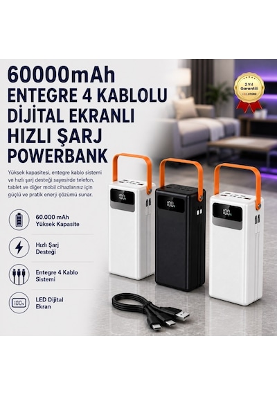 60000mah Entegre 4 Kablolu Powerbank Dijital Ekranlı Led Fenerli Hızlı Şarj Taşınabilir Şarj Cihazı-1206 BEYAZ