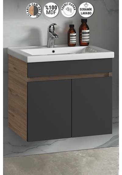 Çiğdem 65 Cm Atlantik Çam-antrasit Gri Mdf Asma Banyo Alt Dolabı Antrasit - Atlantik Çam