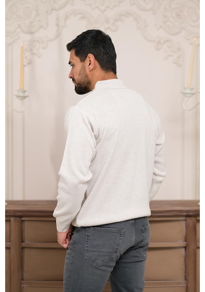 Woolen World Polo Yaka Armürlü Yünlü Erkek Triko Kazak Krem