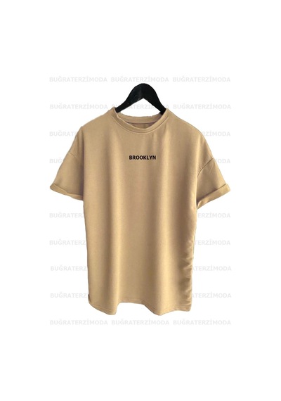 Noıssey Buğraterzimoda Brooklyn Baskılı Bol Kalıp Unisex Bej Oversize T-shirt Btmbt789876
