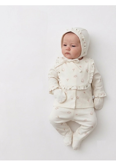 Tonton Baby Çiçekli Yenidoğan Kız Bebek 5'li Takım Seti Ekru
