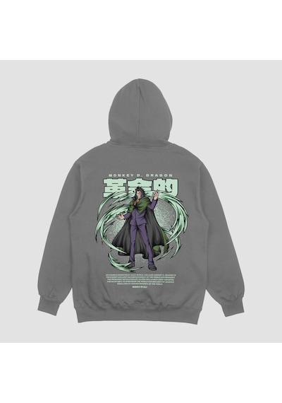 Unisex Gri Dragon Baskılı Hoodie Oversize Kapşonlu Sweatshirt Gri