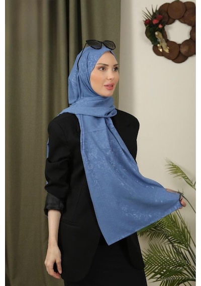 Flora Tekstil Çiçekli Desen İnce Medine İpeği Jakar Şal KOT MAVİSİ