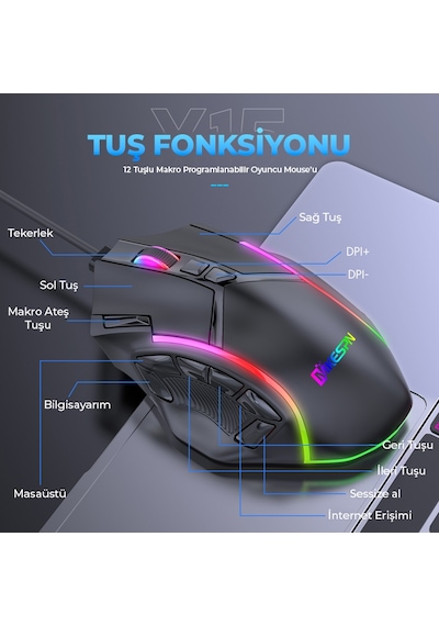 Mkespn X15 Gaming Mouse 12800 Dpı 12 Tuş Makro 1000hz Rgb - Siyah Diğer