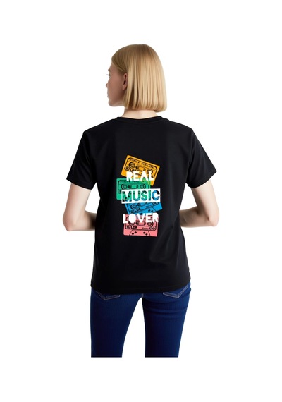 Paybuy Kadın Retro Müzik Baskılı Tişört Kaset Desenli Rahat Kesim Günlük Siyah