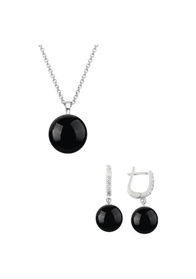 Gümüş Yuvarlak Model Kolye Küpe Siyah Oniks Taşlı Set 8 Mm