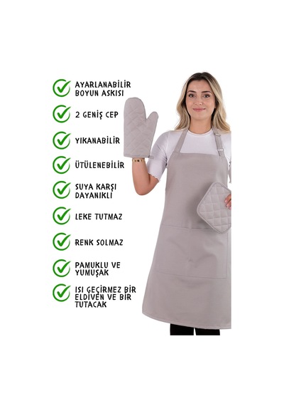 Simple 3lü Set Ayar Askılı Mutfak Önlüğü Seti Eldiven, Tutacak Açık Gri