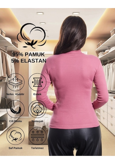 Alya Underwear Kaşkorse Yarım Boğaz Body Sweatshirt, Fitilli Kumaş, Likralı, Bordo Gül Kurusu