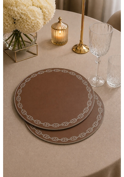 Nakışlı Deri Amerikan Servis 2'li Set Çift Taraflı Yuvarlak Supla 38x38 Cm Raya Kahve Gold
