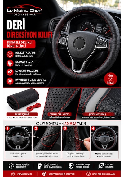 Fiat Albea Dynamic Kırmızı Deri Direksiyon Kılıfı Dikmeli Delikli İğne İplikli Kokusuz