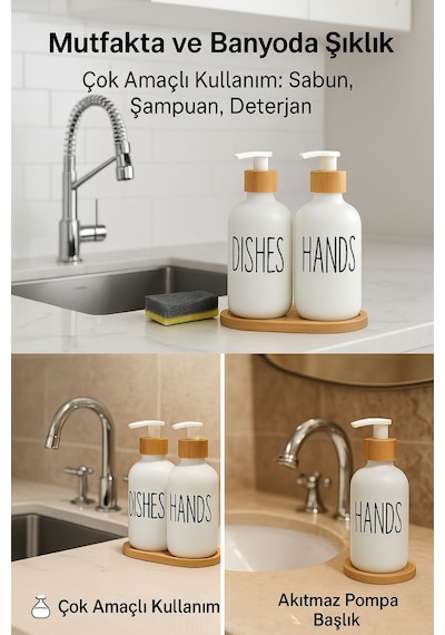 2 Li Sabunluk Seti Bambu Kapaklı Çok Amaçlı Sıvı Sabun Ve Deterjan Şişesi 500 Ml Diğer