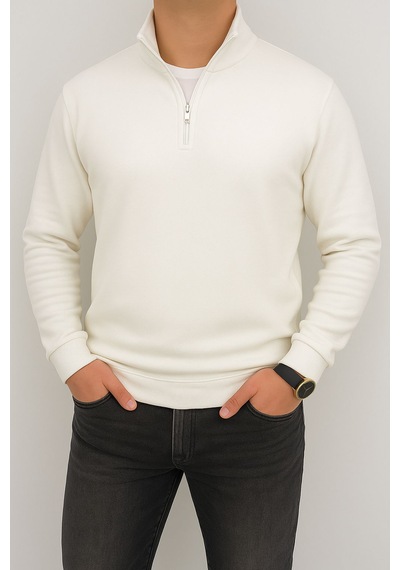 Yarım Fermuarlı Erkek Polar Sweatshirt - Sıcak Tutan , Rahat Kalıp Beyaz