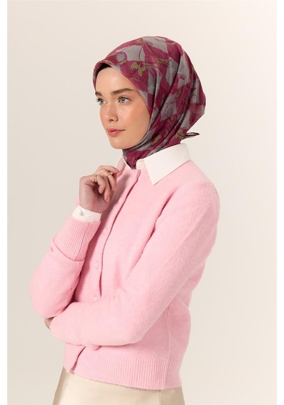Silk Home İnce Pamuk Soft Eşarp Pastel Pembe-gri Desenli Kaymaz Dokulu Tok Duruşlu 90x90 Çok Renkli