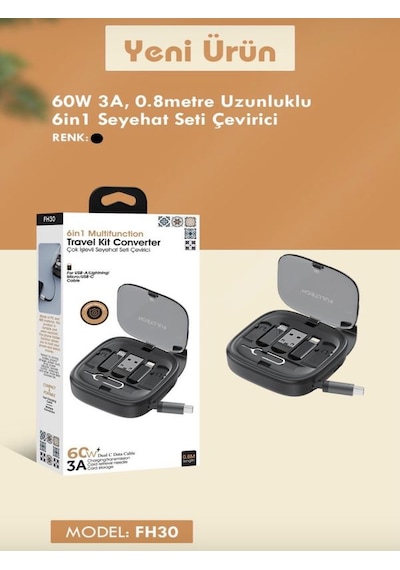 60w 3a 6in1 Çok İşlevli Seyahat Şarj Seti 0.8m Kablo + Çevirici Kit, Hızlı Şarj Çoklayıcı Set 1 ADET