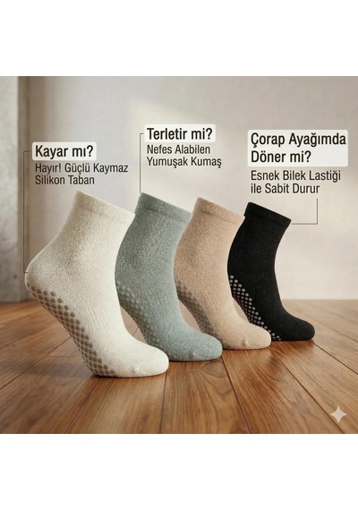 Çorap Giyim Kaymaz Tabanlı Yoga Pilates 4 Lü Çorap, Silikon Tabanlı Esnek Bilekli Nefes Alan Ev Ve Spor Çorabı Çok Renkli