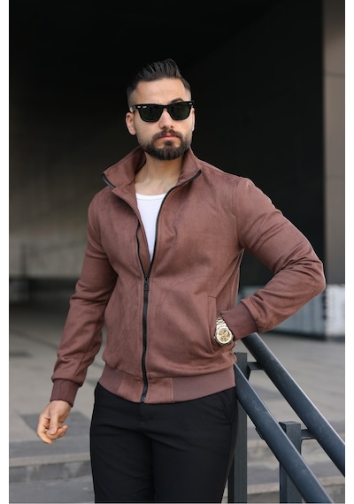 Baselco Dik Yaka Slim Fit Mevsimlik Astarlı Süet Ceket Kahverengi